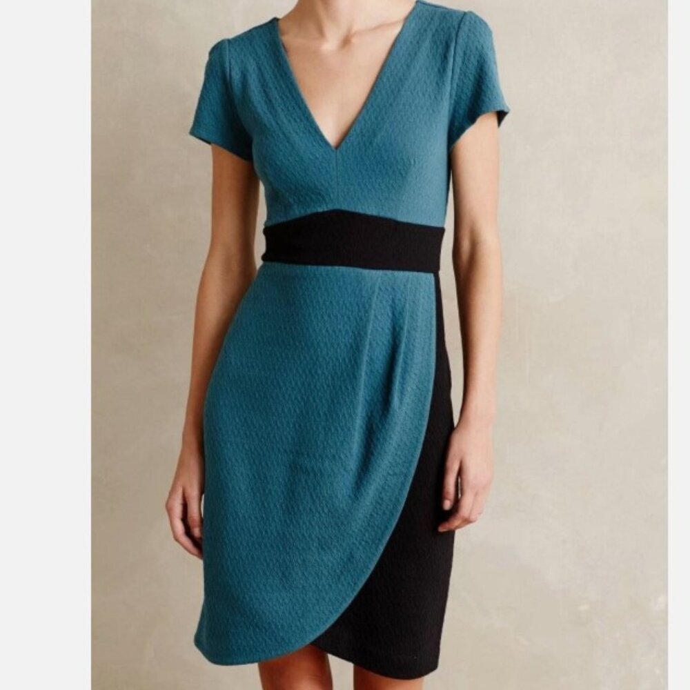 Maeve Anthropologie Textured Splitshade Turquoise/Black Tulip Hem Dress- Sz. Sm